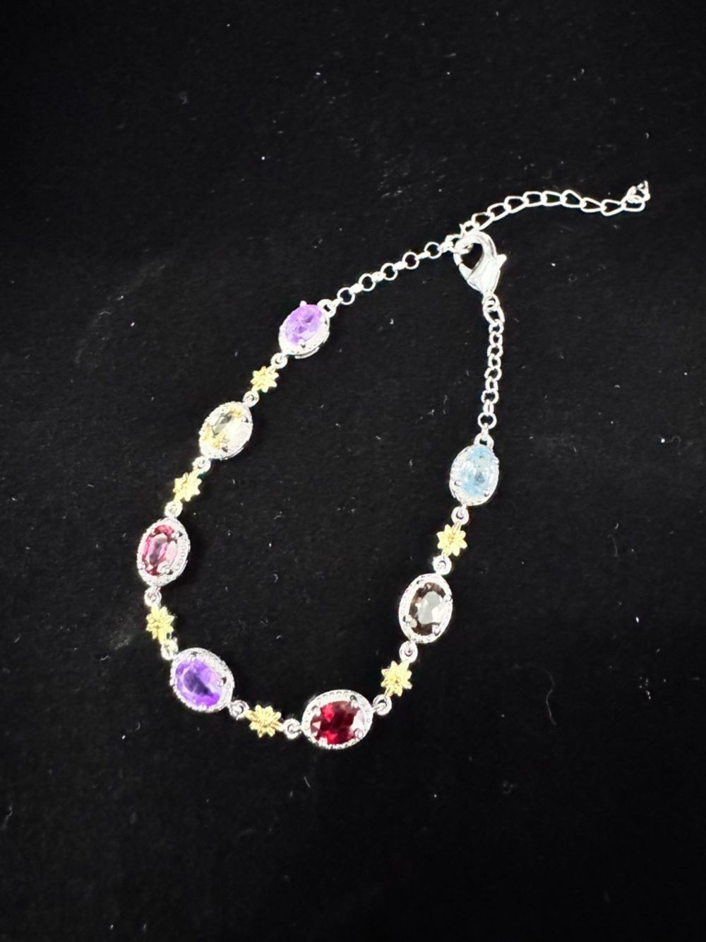Multi Gem Stone Bracelet Tourmaline & Amethyst Rhodium Plated Size 6- 7 1/2